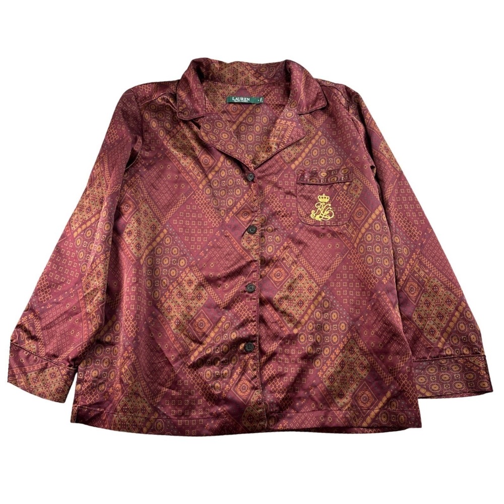 Lauren Ralph Lauren Burgundy Satin Geometric Print Pajama Top Crest Logo Large